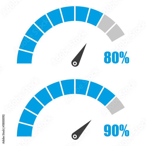 Set of speedometer or rating meter signs infographic gauge element with percent 80, 90