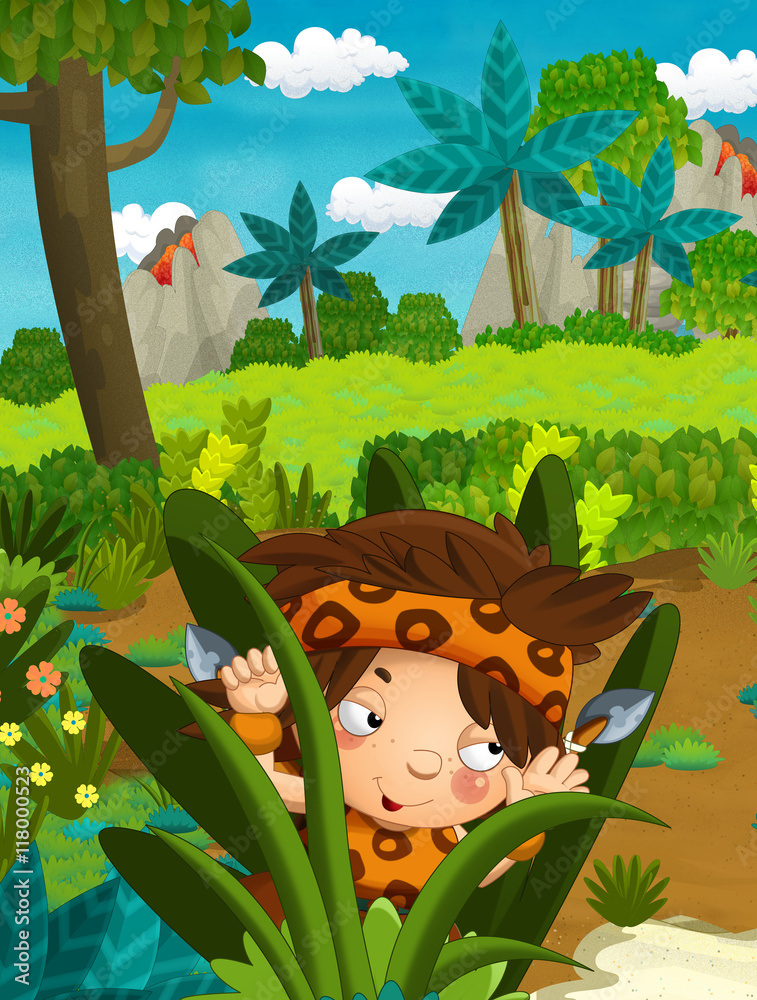 Cartoon nature scene - jungle - with funny manga boy - happy illustration for children Cartoon nature scene - jungle - with funny manga boy - happy illustration for children