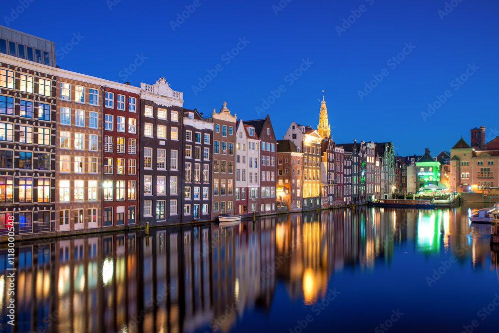 Night city view in Amsterdam, Netherlands.