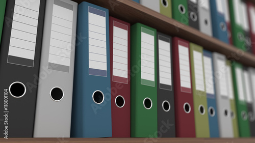 Rows of multicolored binders on shelves close up shot, shallow focus, CGI