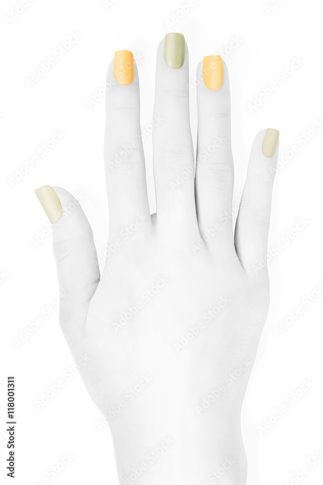 Obraz premium Black and white hand with colored nails. Isolated on white with clipping path