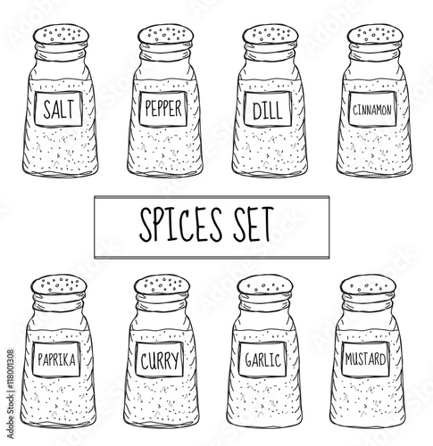 Spices in cans set sketch. Seasoning collection. Hand drawing, doodle style. Vector illustration