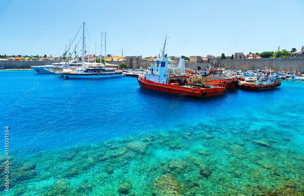 Boats in Mandraki Harbor. Rhodes Town, Rhodes, Greece