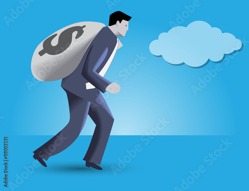 Kings ransom business concept. Confident businessman in business suit carrying big bag with dollar sign on it - concept of financial success and good profit.
