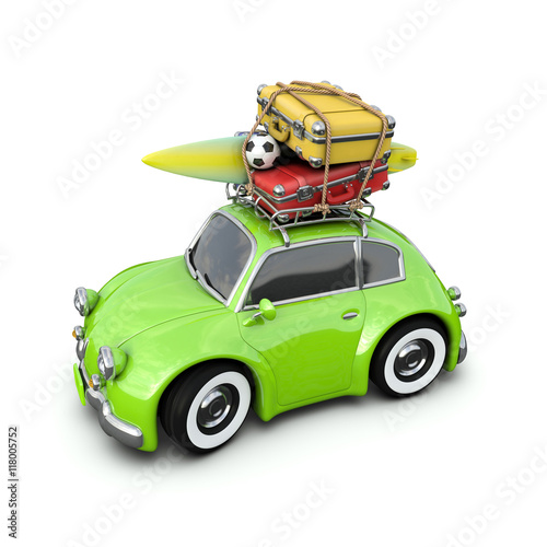 Retro car with Luggage and a surf Board in the journey  isolated on white. 3D rendering.