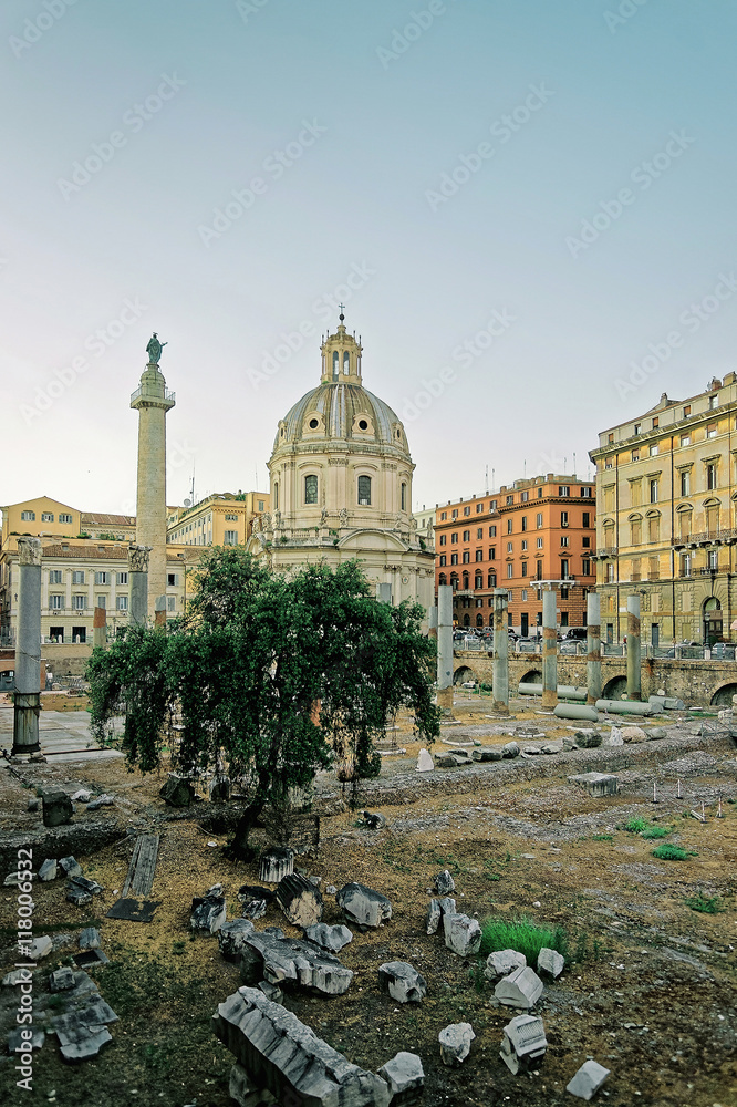 Columns and Church at Trajan Forum in Rome in Italy