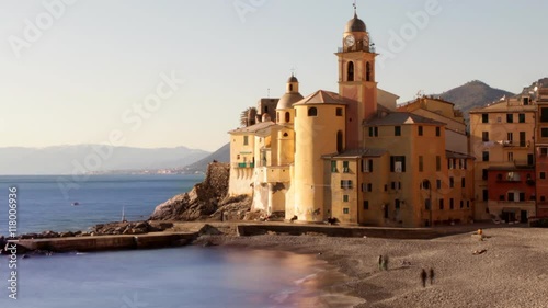 view of the beach in a seaside town photo