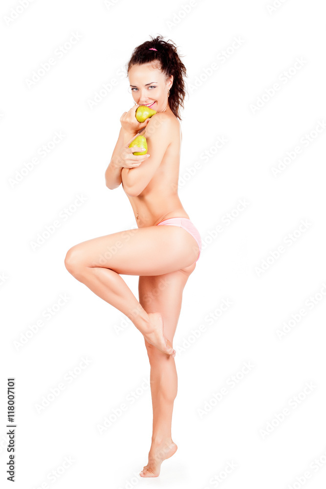 Middle-aged woman with small breasts covered with pears Isolated