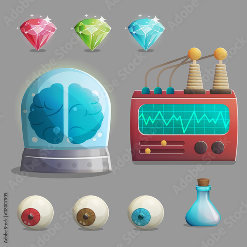 A collection of items for mad evil professor human experiment laboratory design. Canned brain, human eyeballs, lab equipment, gemstones and other spooky elements for game and app design.