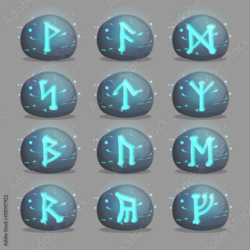 A collection of magical runic stones with Celtic mysterious signs and letters shining inside of them. Design elements and icons for quest and adventure games and applications.