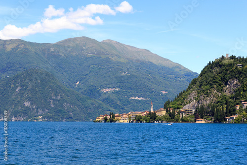 View towards lakeside village Varenna at Lake Como with mountains in Lombardy, Italy © johannes86
