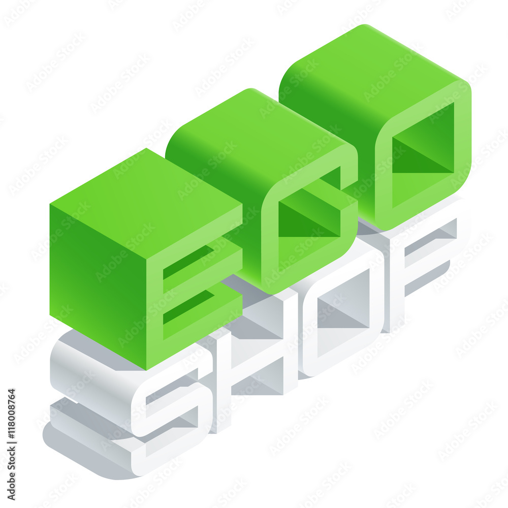 Vector icon with 3D volume letters. Slim three dimensional isometric text Eco shop