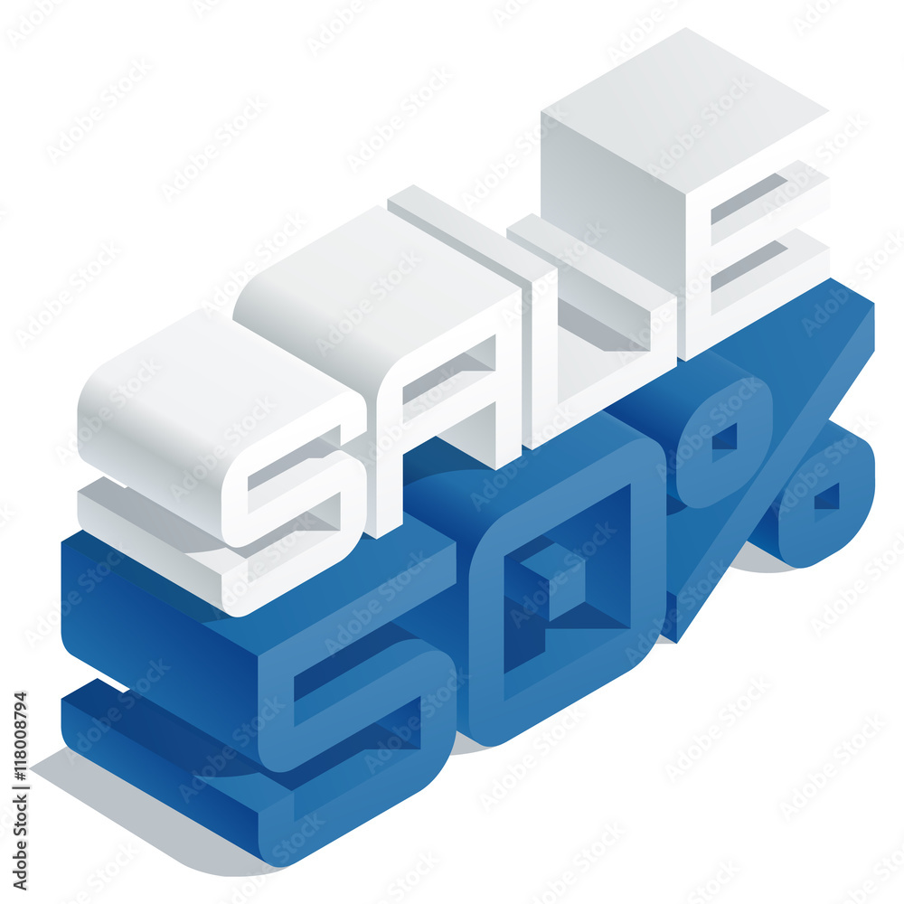 Vector promotion banner with 3D volume letters. Slim three dimensional isometric text Sale 50 percent Vector promotion banner with 3D volume letters. Slim three dimensional isometric text Sale 50 percent