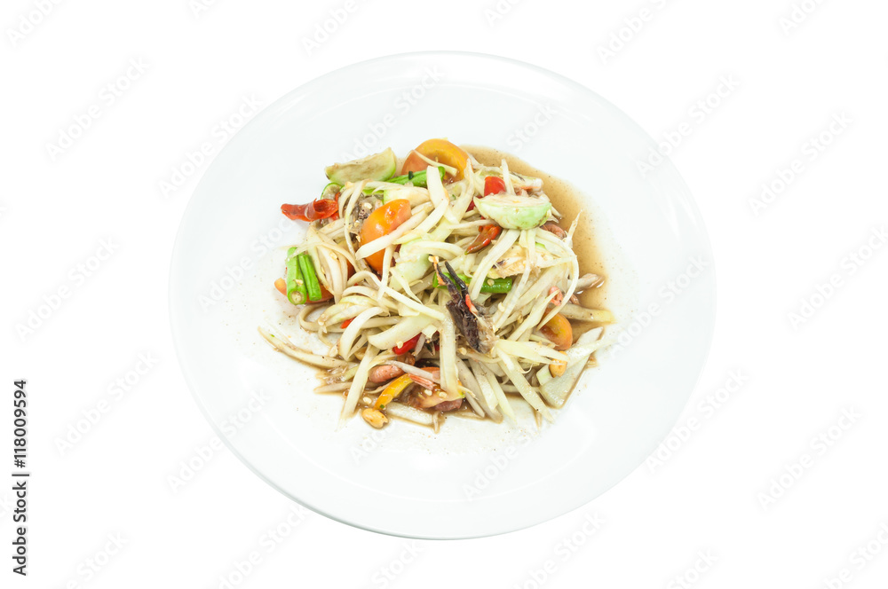 papaya salad on white dish ,Thailand style food