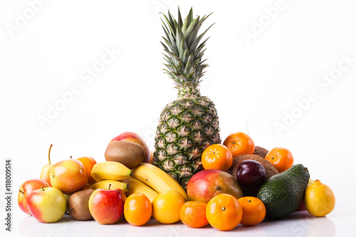 Fresh fruits.  Assortment of exotic fruits isolated on white