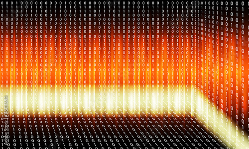 Orange abstract background with lights; lines and binary code