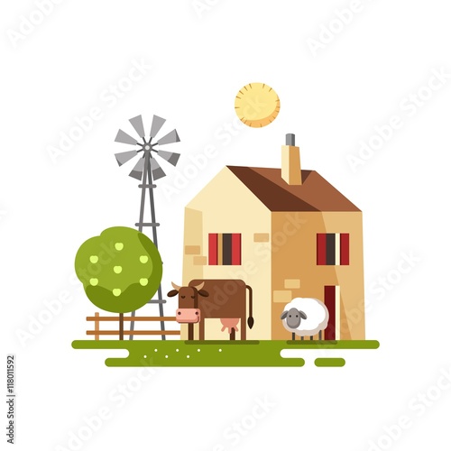 Farmhouse with farm animals. Vector illustration.