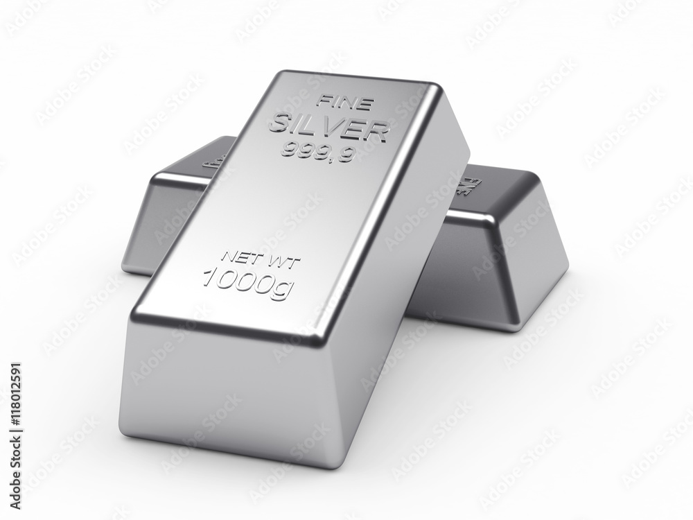 Banking concept. Two silver bars isolated on a white background. 3d illustration. - obrazy, fototapety, plakaty 