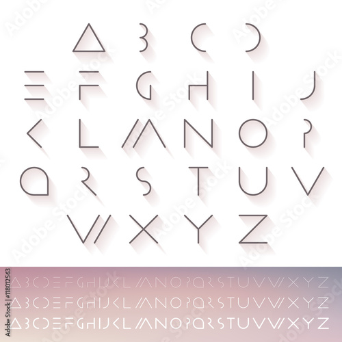 Thin minimal futuristic typeface. Alphabet set. Hipster font. Linear geometric latin letters. Light, medium and hard.