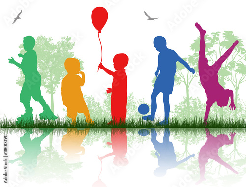 Colored silhouettes of children playing on white background, vector illustration