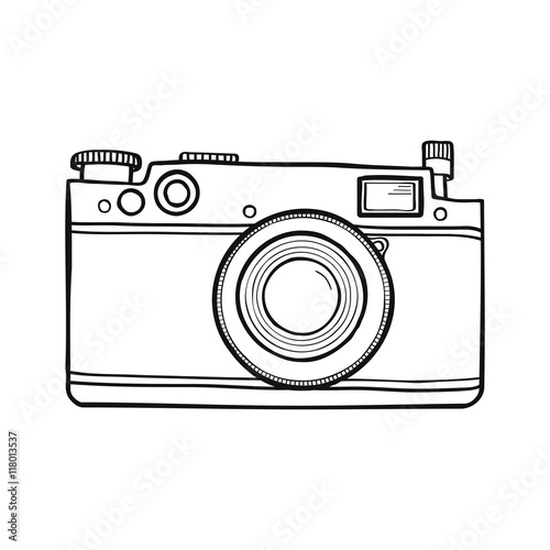 Vector black and white illustration with retro photo camera
