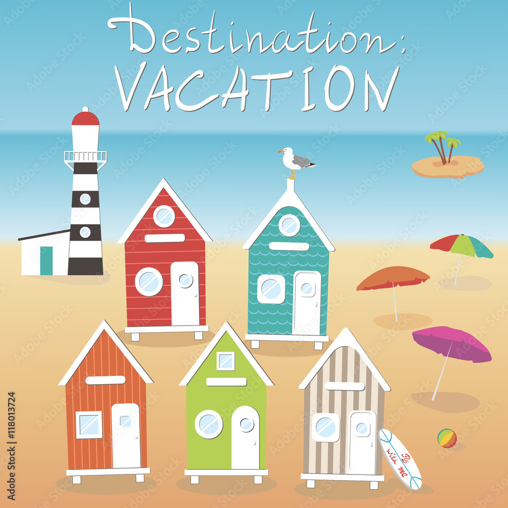 Destination: vacation. Beach houses. Summer Travel Poster Design with Editable Beach Elements