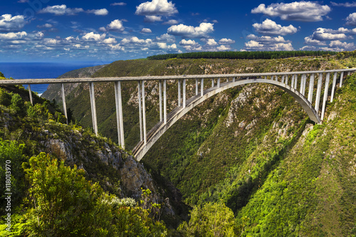South Africa. Western Cape Province, Tsitsikamma region of the Garden Route. The Bloukrans Bridge seen from the north (world's highest bungy bridge, 216 m heigh above the Bloukrans River) photo