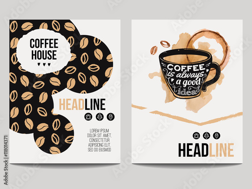 Vector set of modern posters with coffee backgrounds. Trendy hipster templates with coffee beans pattern and cup with smear for flyers, banners, invitations, restaurant or cafe menu design.