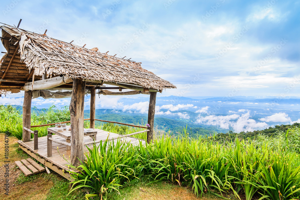 Bamboo huts on hill at view point, Mon Cham hill, Chiang Mai, Th Bamboo huts on hill at view point, Mon Cham hill, Chiang Mai, Th