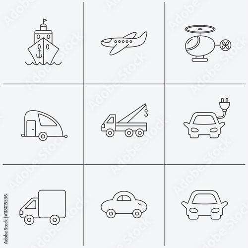 Transportation icons. Car, ship and truck signs.