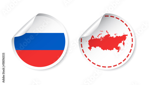 Russia sticker with flag and map. Russian Federation label, round tag with country. Vector illustration on white background.