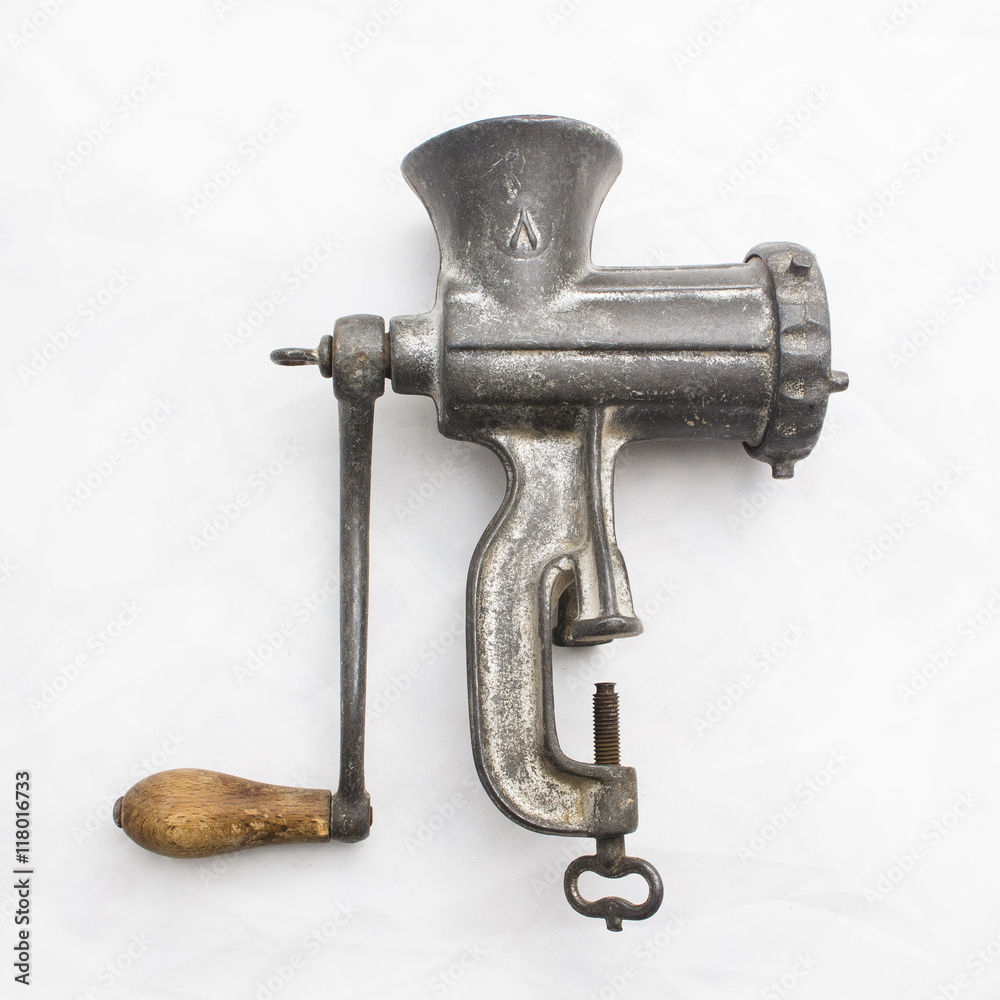 Classic Manual Rusty Meat Grinder, Isolated on White Backround, Classic Manual Rusty Meat Grinder, Isolated on White Backround,