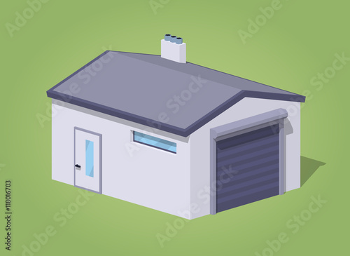 Closed white garage against the green background. 3D lowpoly isometric vector illustration