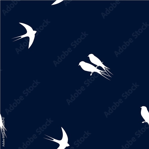 Seamless pattern with white swallow birds on a dark blue background. The pattern for packing of gifts, tiles fabrics backgrounds. Sample for the websites. Vector illustration