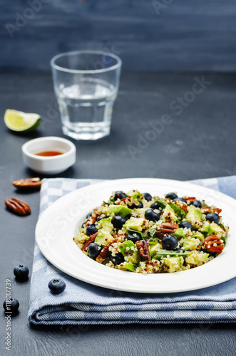 Quinoa avocado blueberry pecan salad with maple syrup lime dress