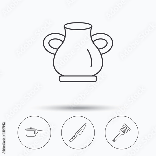 Saucepan, kithcen knife and utensils icons.