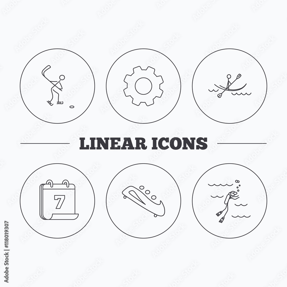 Ice hockey, diving and kayaking icons. Ice hockey, diving and kayaking icons.