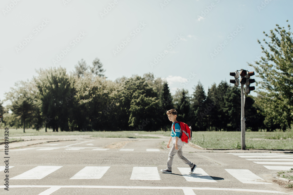 Φωτογραφία Back to school. Schoolboy walking to school crossing a road.