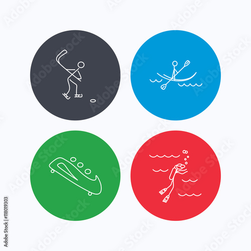 Ice hockey, diving and kayaking icons.