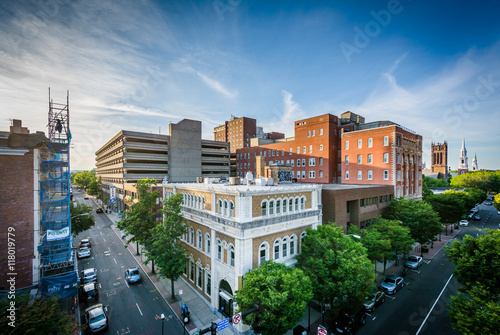 View of buildings in downtown New Haven, Connecticut.