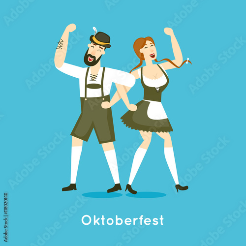 Oktoberfest characters. Bavarian man and woman dancing together. Folk costumes. Poster. Flat design vector illustration.