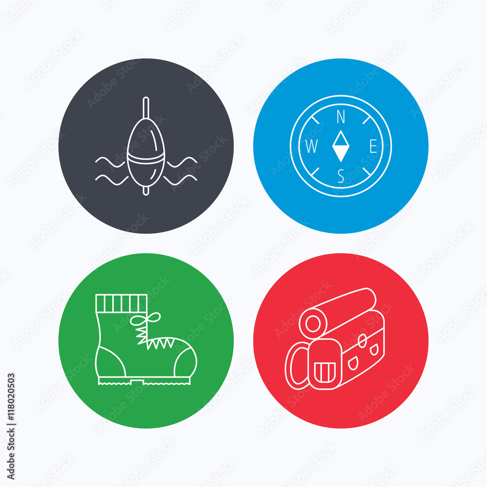 Compass, fishing float and hiking boots. Compass, fishing float and hiking boots.