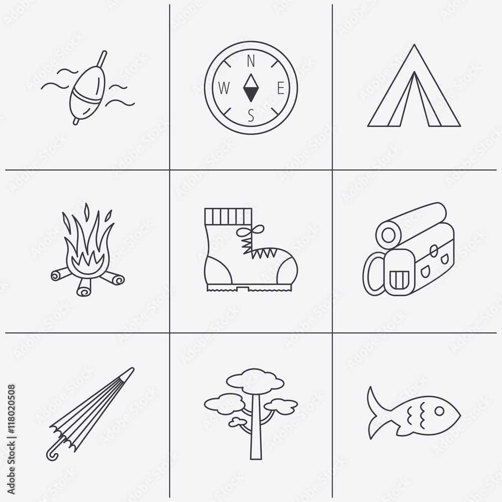 Fototapeta premium Pine tree, fishing float and hiking boots icons.