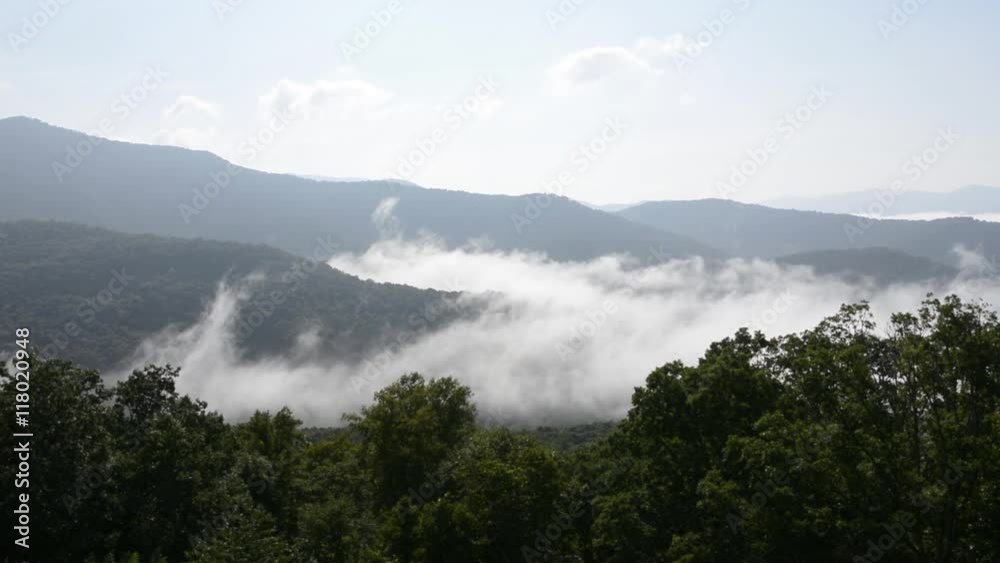 Clouds and Fog rolling over a mountain range in Asheville, North Carolina