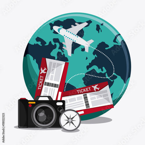 camera ticket compass planet airplane time to travel vacations trip icon. Colorfull illustration. Vector graphic