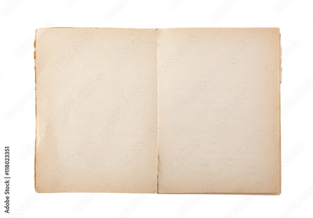 Open old blank book isolated on white with clipping path