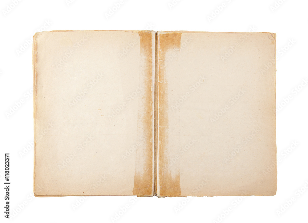 Open old blank book isolated on white with clipping path