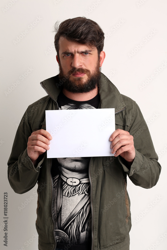 Man with banner. Close up. White Man with banner. Close up. White