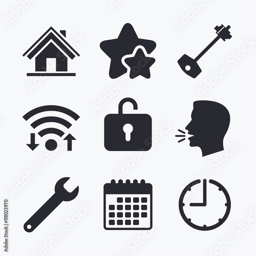 Home key icon. Wrench service tool symbol.