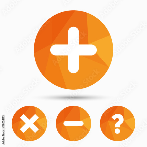 Plus and minus icons. Question FAQ symbol.